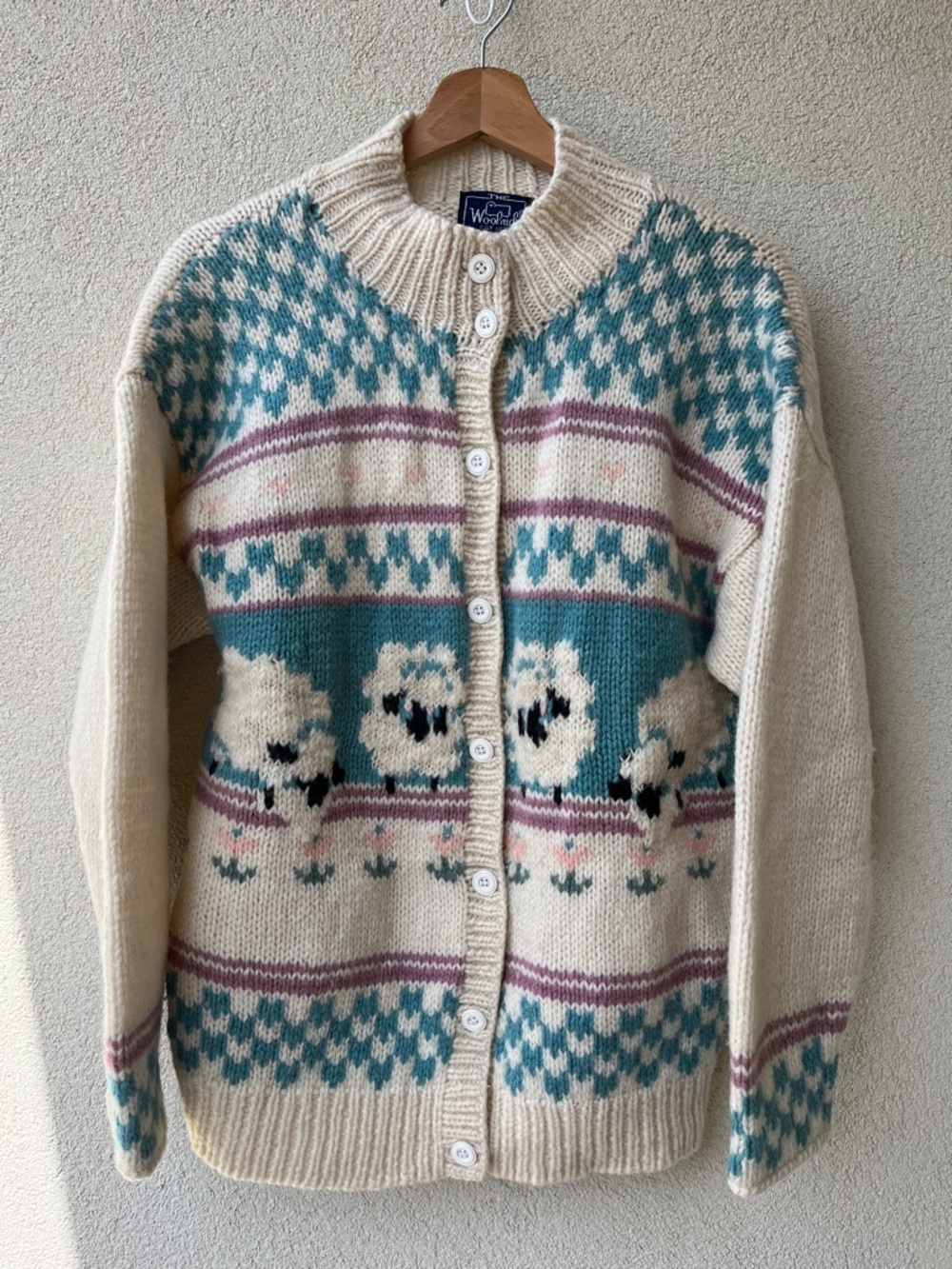 Woolrich Vintage Women's Ivory Sheep Print Granny Cottage Cardigan